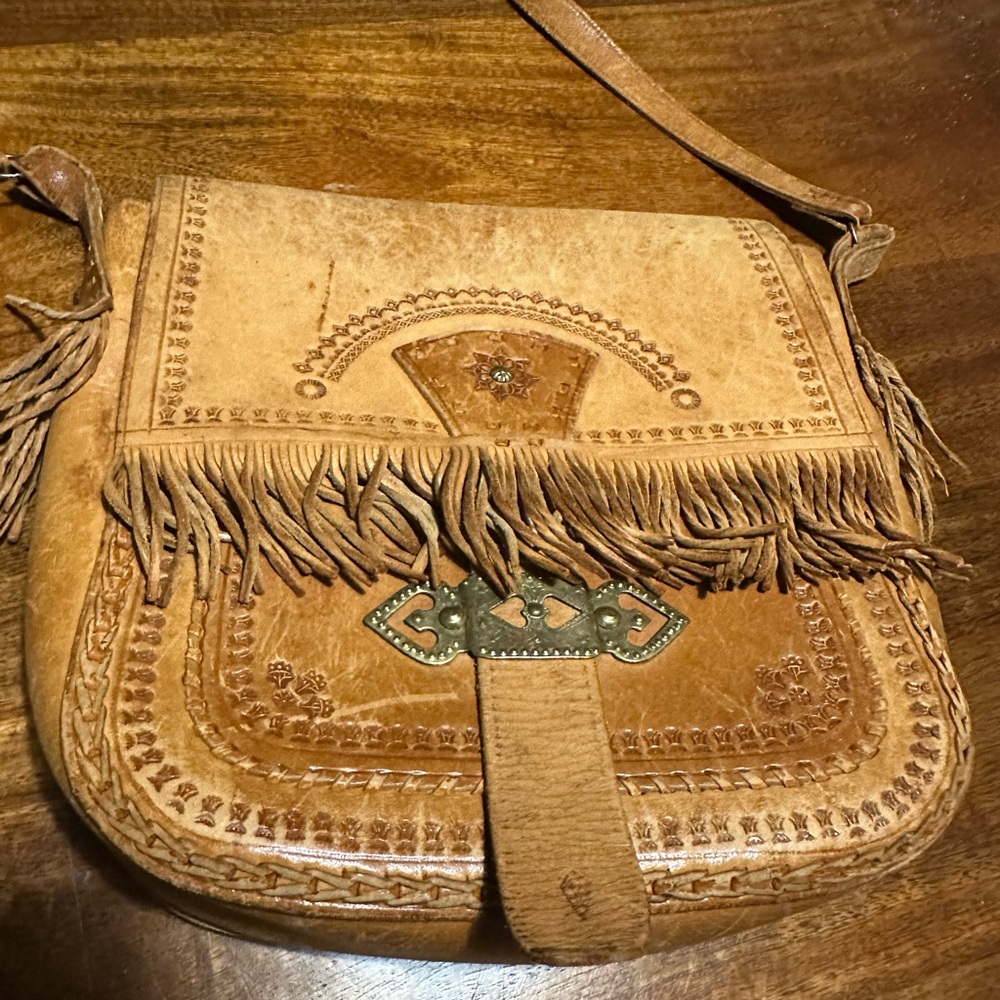 Vintage Slavic Bohemian Tan Leather Fringe Bag